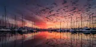 boats, port, sunrise