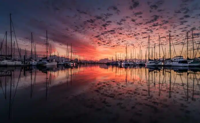 boats, port, sunrise