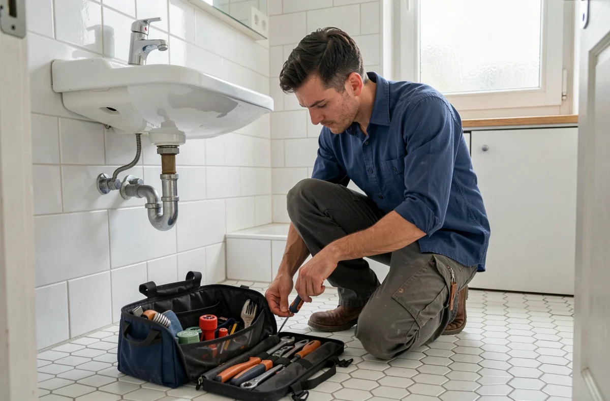 Artisan AB Services Serrurier Plombier réparant une installation de plomberie sous un évier dans une salle de bain d'appartement