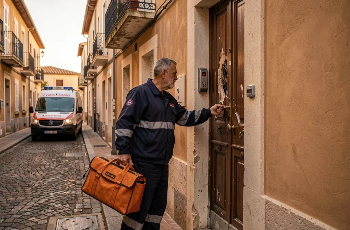 Serrurier ABC Dépannage arrivant en urgence devant un immeuble résidentiel d'Aix-en-Provence au crépuscule avec son sac à outils professionnel