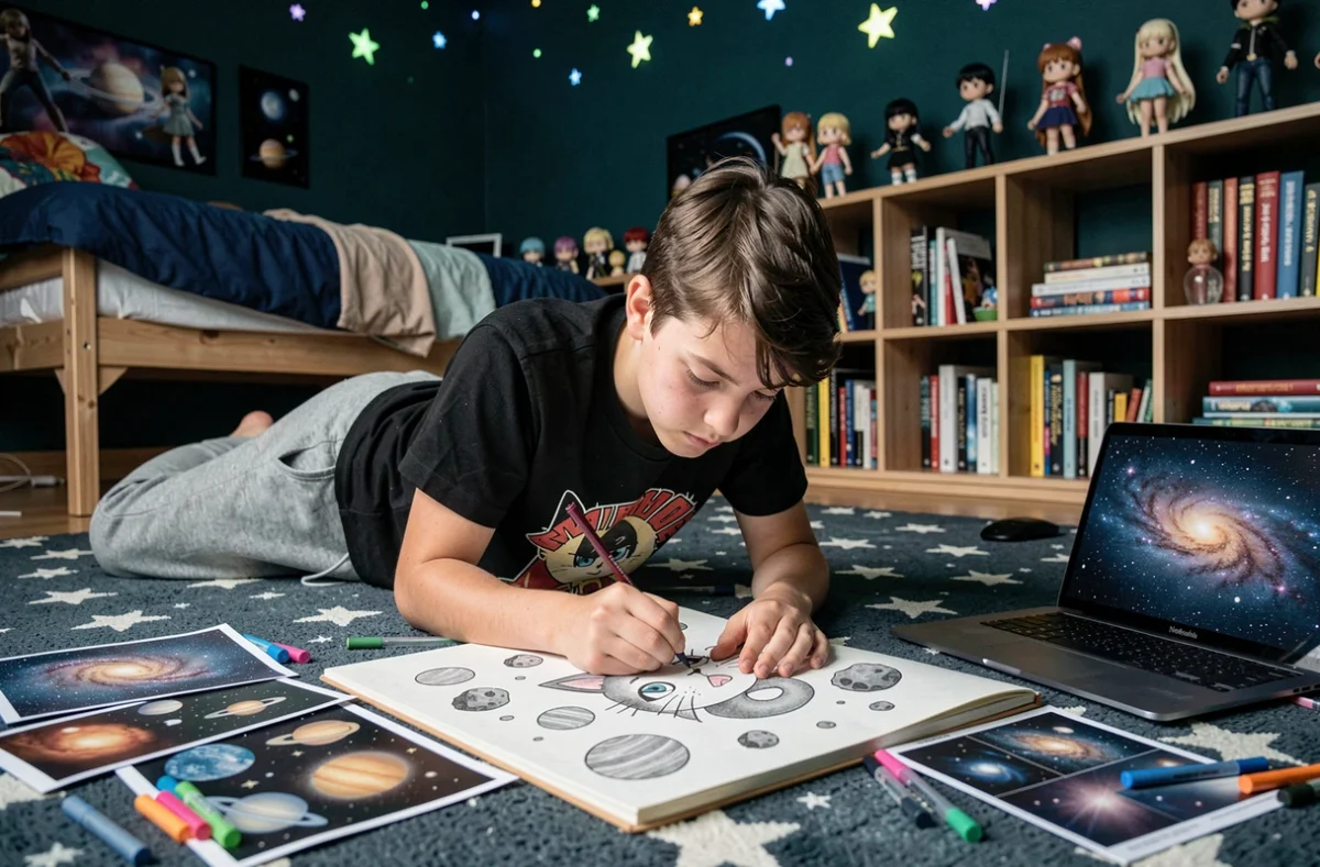 Adolescent dessinant Mew entouré d'un décor spatial dans sa chambre décorée d'étoiles, de figurines et de posters galactiques