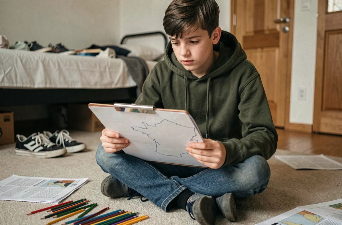 Adolescent révisant la géographie française avec une carte de France vide posée sur un clipboard