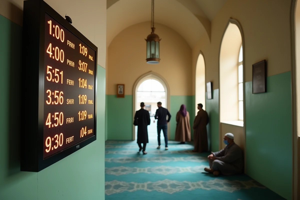 Tableau d'affichage numérique des horaires de prière dans une mosquée d'Argenteuil montrant les minutes précises de chaque salat