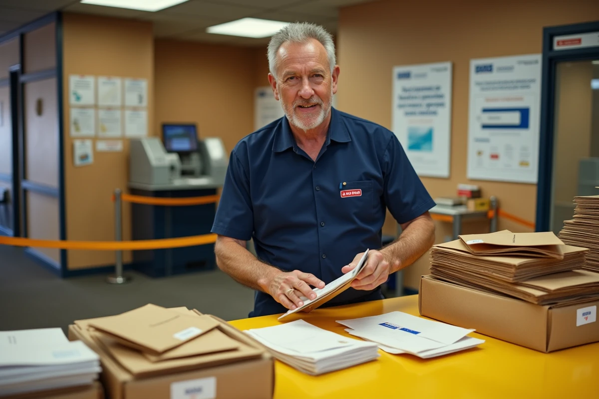 Agent postal triant des enveloppes et colis de différents formats au guichet d'un bureau de poste français