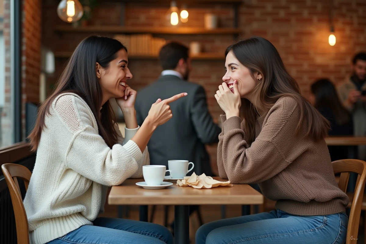 Deux amies riant aux éclats autour d'un café dans un bistrot cosy, illustrant l'humour et la complicité entre vrais amis