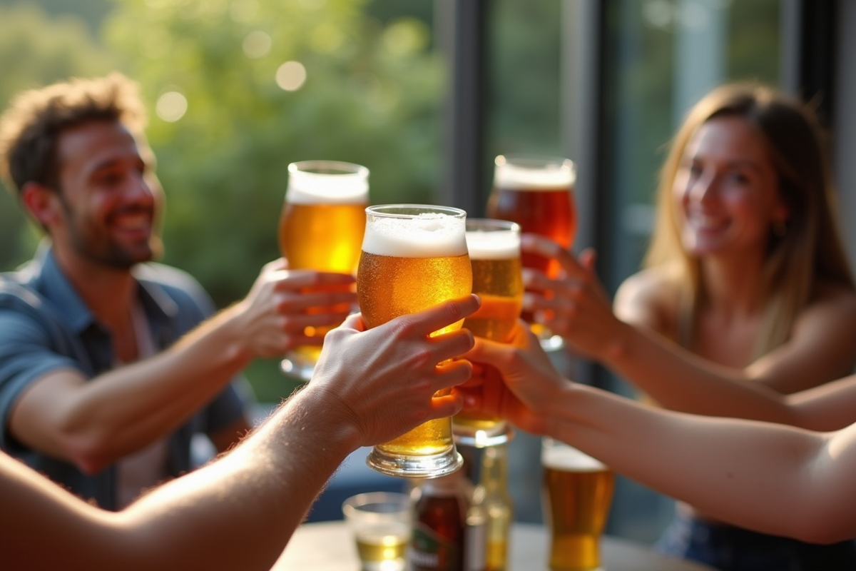 Groupe d amis trinant avec des bières IPA en terrasse