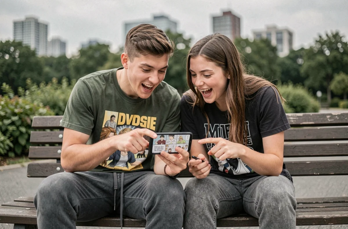 Deux amis lisant ensemble les nouveaux chapitres de Blue Lock en VF sur smartphone dans un parc