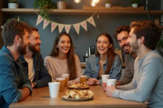 Groupe d'amis souriants lors d'une soirée dans une cuisine urbaine