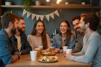 Groupe d'amis souriants lors d'une soirée dans une cuisine urbaine