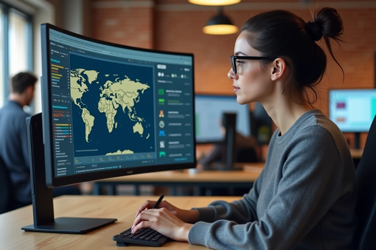 Femme analyste en cybersécurité consultant une base de données d'adresses IP dans un open space