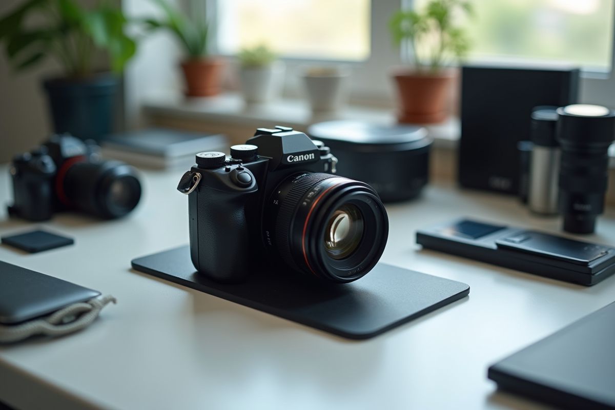 Appareil photo sur un bureau avec accessoires photo