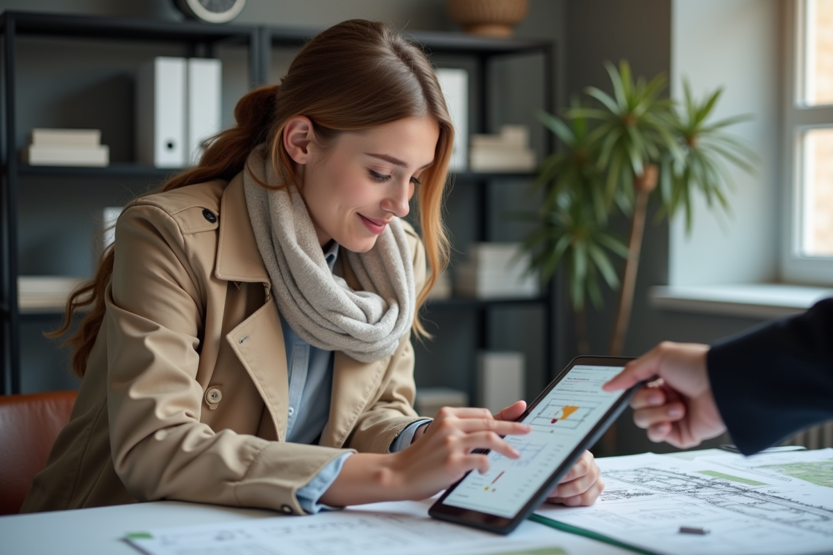 Jeune architecte analysant plans urbains en intérieur