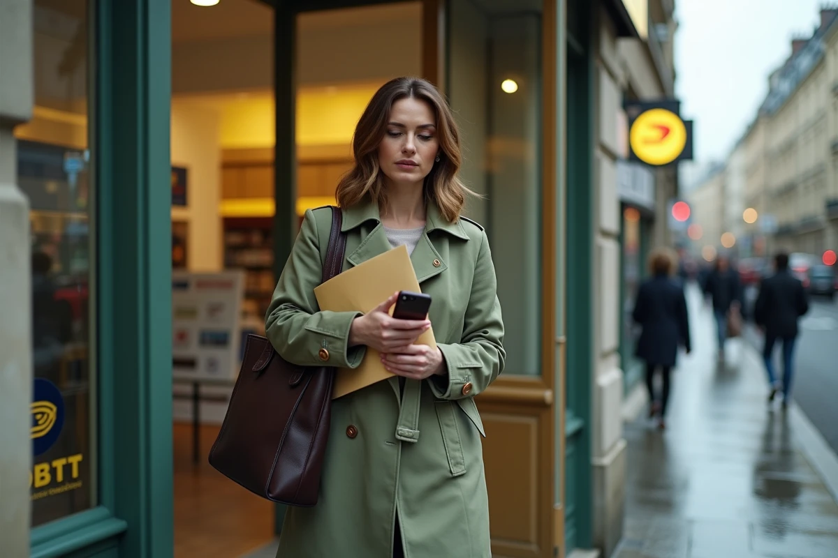 Femme arrivant dans un bureau de La Poste avec une enveloppe et des documents administratifs
