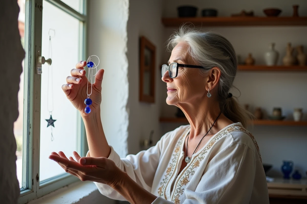 Artisane grecque inspectant un pendentif œil protecteur en verre soufflé dans son atelier à Santorin