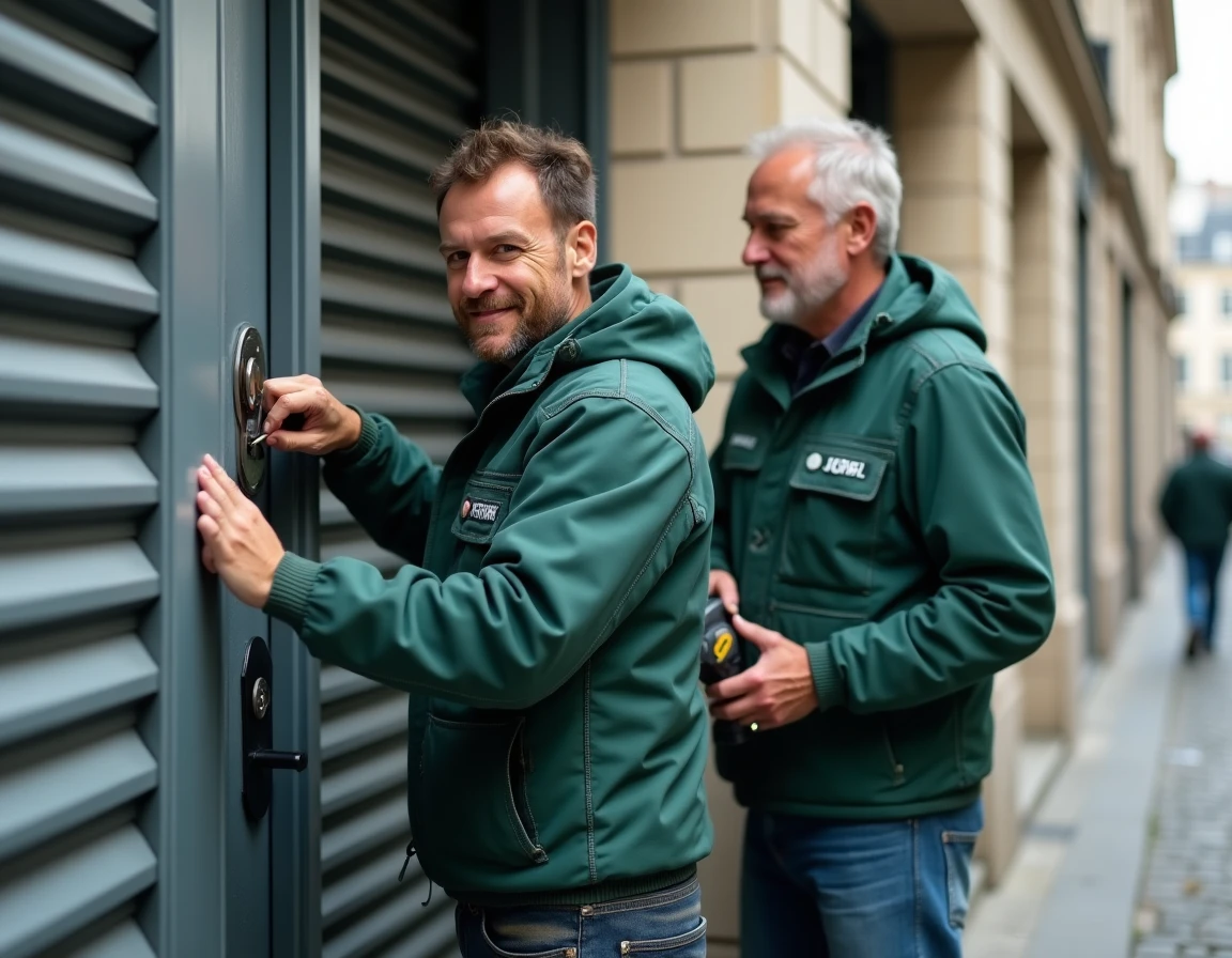 Deux artisans serruriers travaillant en équipe sur une porte sécurisée à Dijon