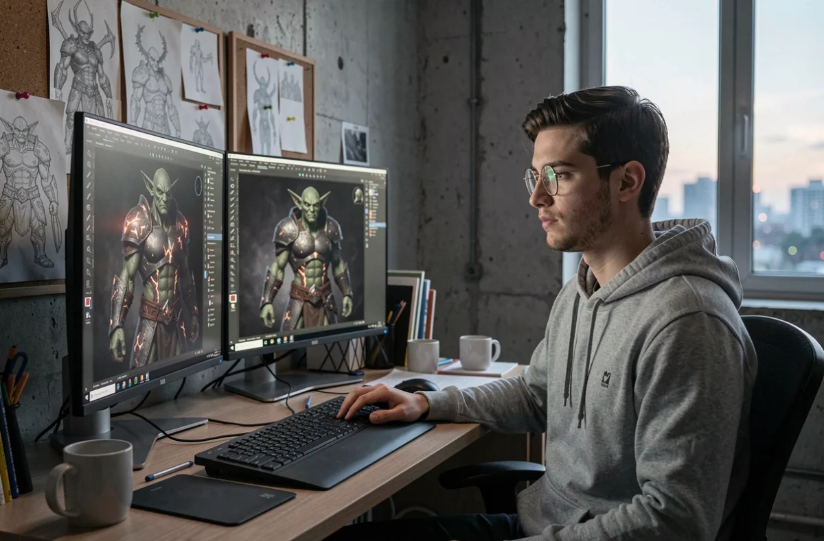 Artiste conceptuel masculin travaillant sur une illustration de gobelin héros SSS sur écran dans un studio créatif urbain au crépuscule