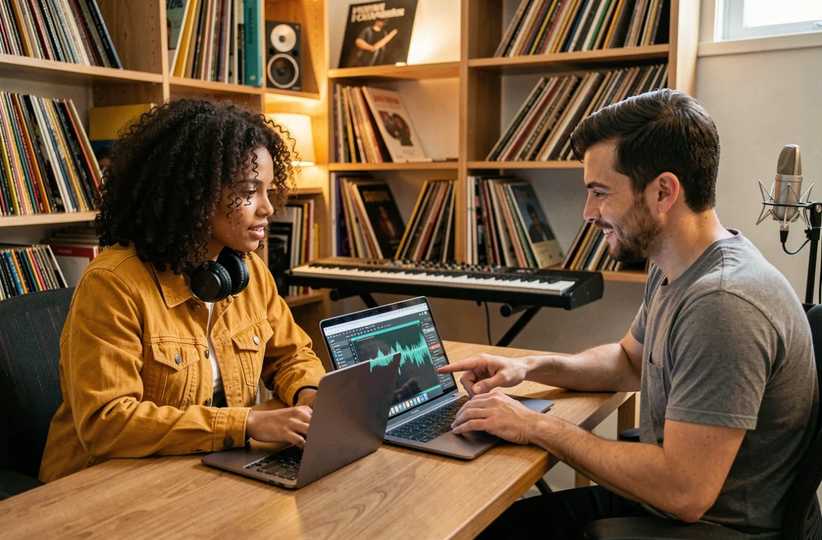 Artiste musicale et ingénieur du son collaborant sur un mix radio ready dans un studio de production musicale indépendant
