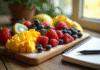 Assortiment de fruits colorés tranchés sur un plan de travail en bois