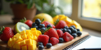 Assortiment de fruits colorés tranchés sur un plan de travail en bois