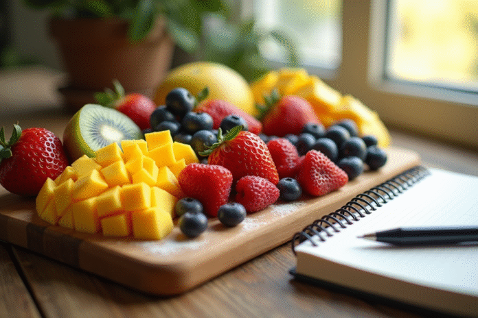 Assortiment de fruits colorés tranchés sur un plan de travail en bois