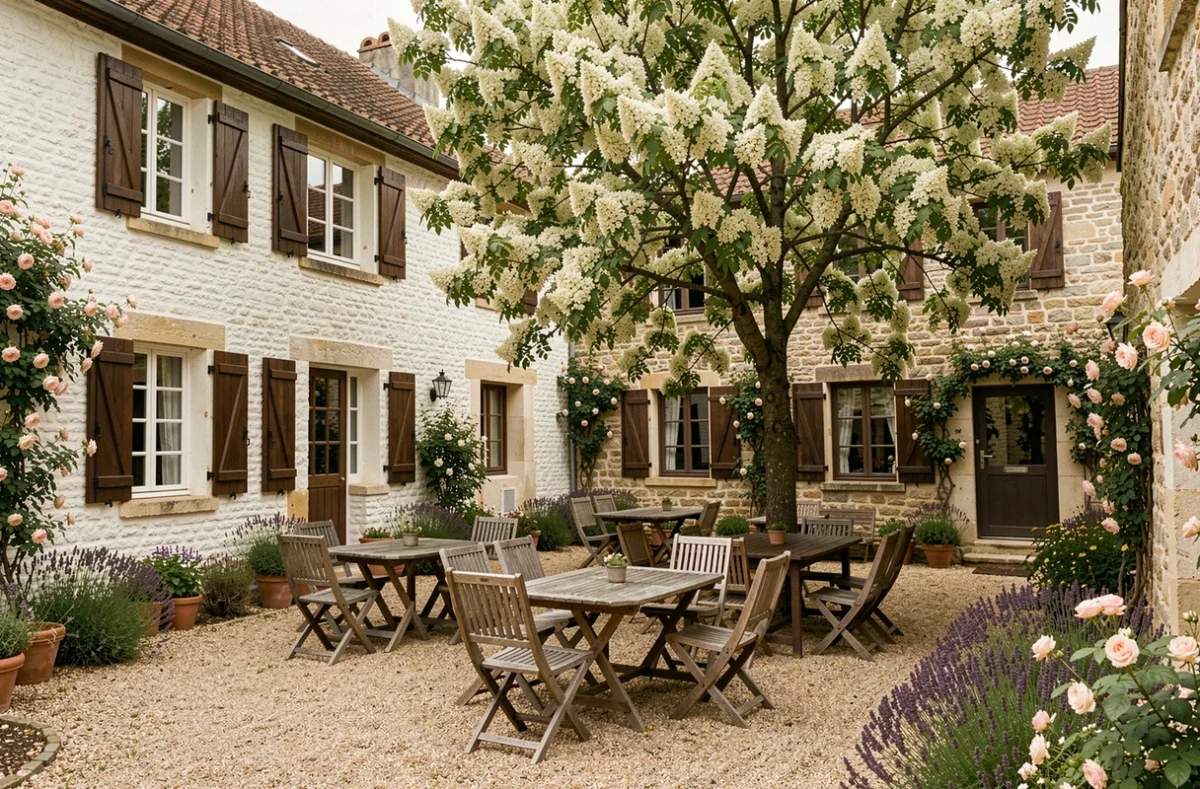 Façade rustique et charmante de L'Auberge du Tilleul avec son tilleul en fleurs et sa terrasse de jardin accueillante