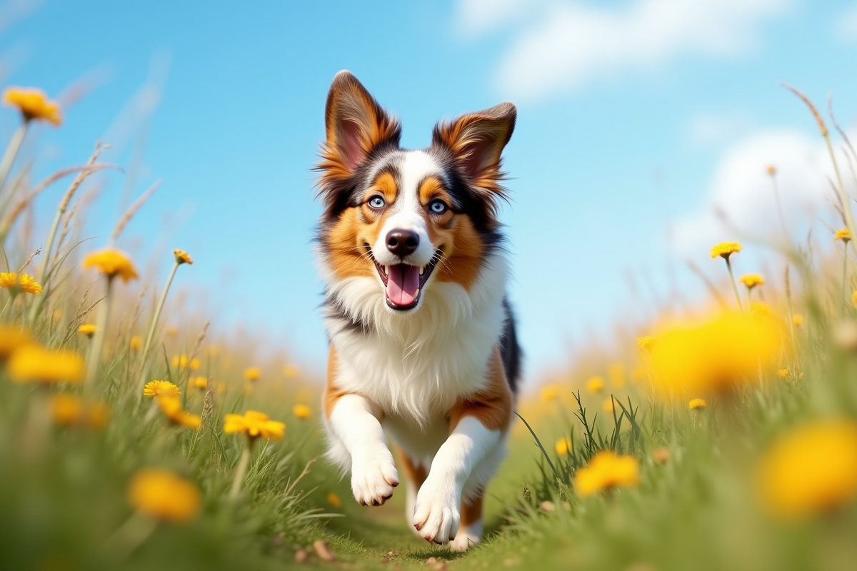 Chien australien adulte courant dans un champ ensoleille