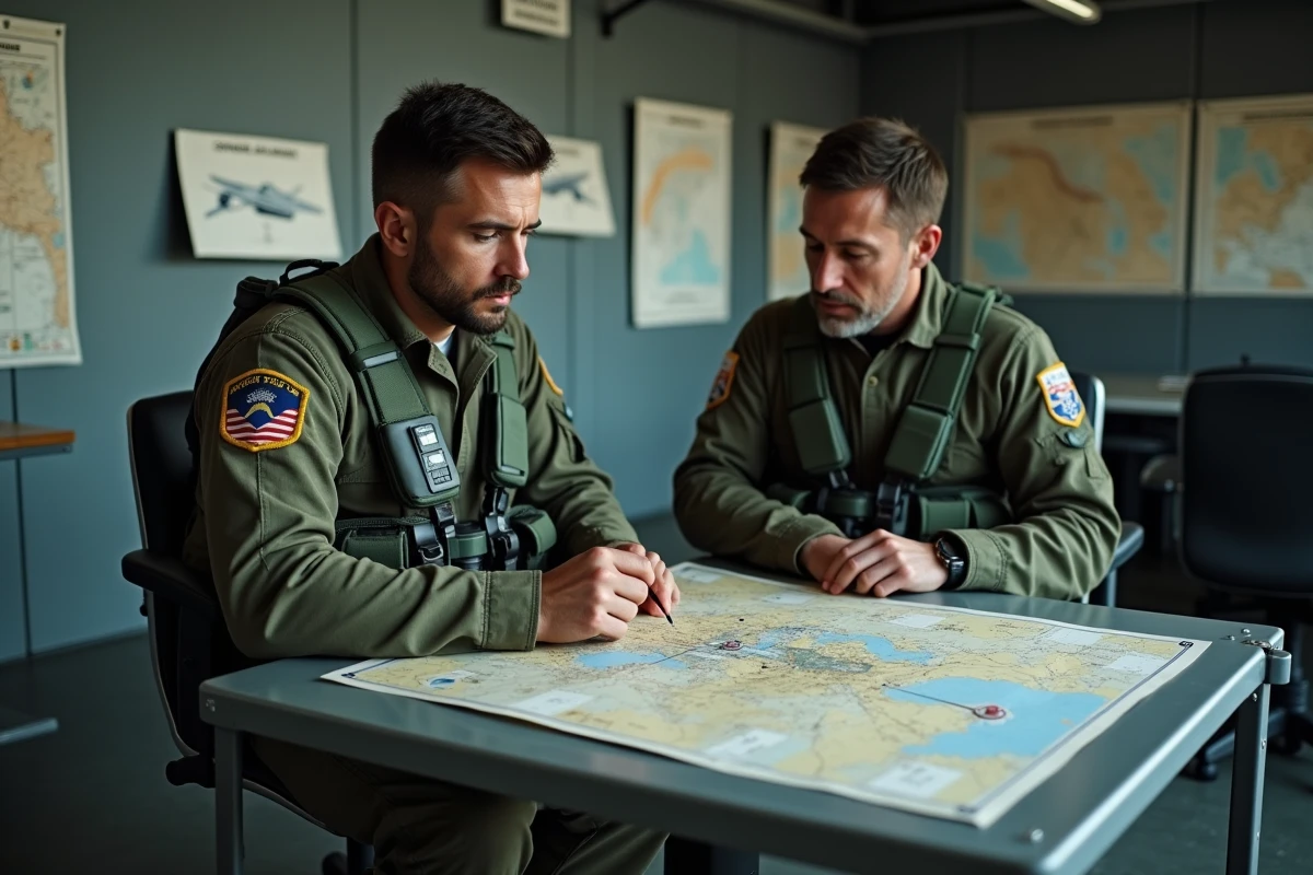 Deux aviateurs militaires étudiant une carte de mission dans une salle de briefing opérationnelle, ambiance Top Gun 3