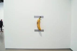 Banane scotchée au mur d'une galerie d'art contemporaine, œuvre conceptuelle inspirée de l'art banana