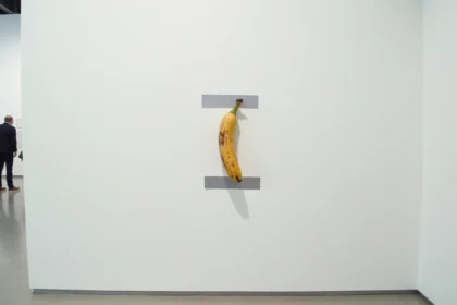 Banane scotchée au mur d'une galerie d'art contemporaine, œuvre conceptuelle inspirée de l'art banana