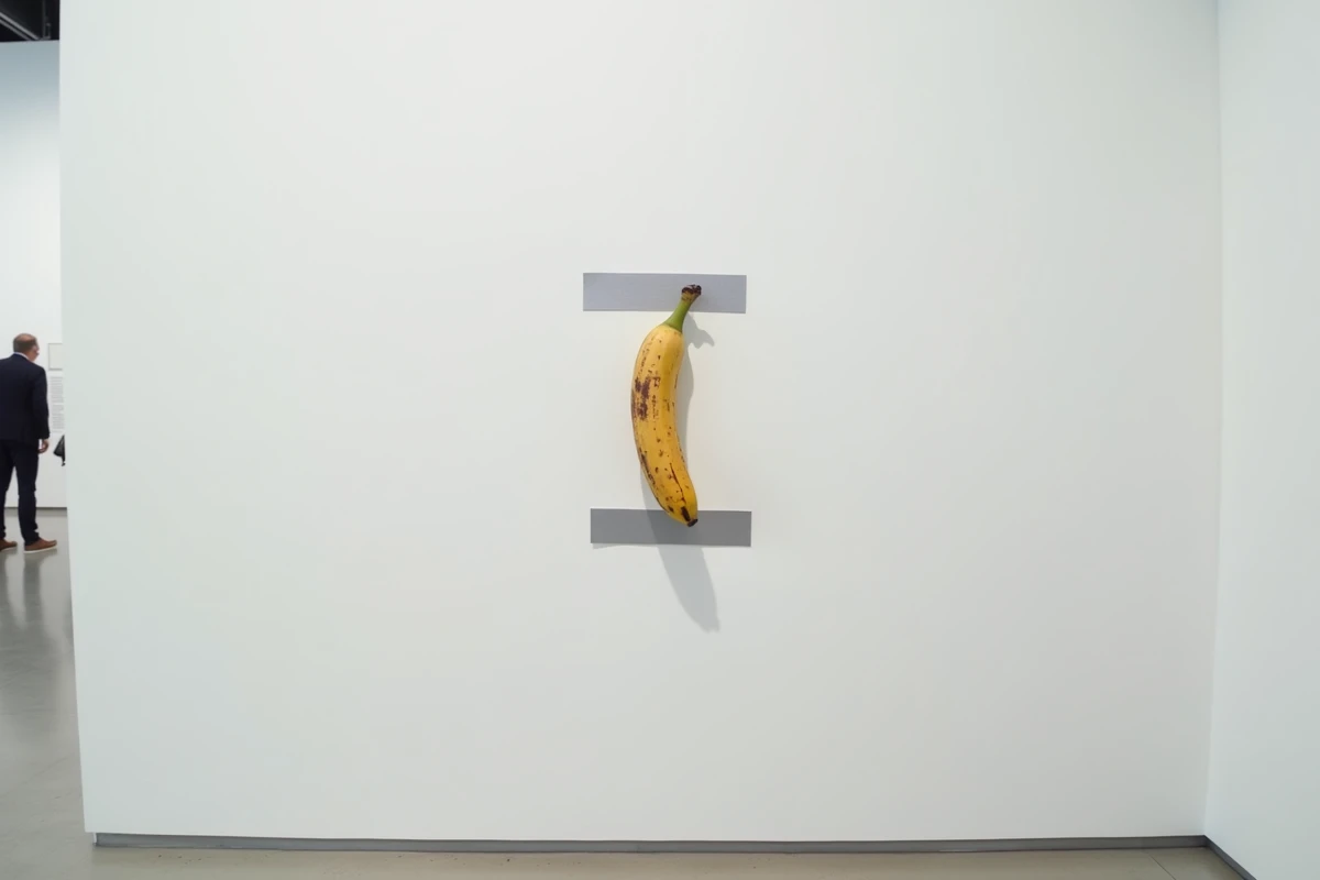 Banane scotchée au mur d'une galerie d'art contemporaine, œuvre conceptuelle inspirée de l'art banana