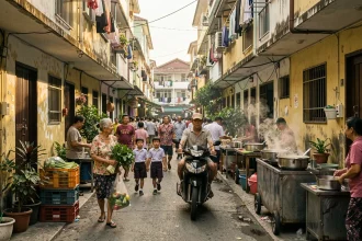 Rue résidentielle animée du quartier Klong Toei à Bangkok avec des habitants locaux dans leur vie quotidienne loin des zones touristiques