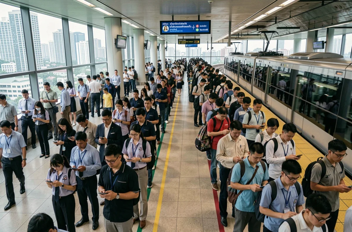 Quai bondé d'une station BTS Skytrain à Bangkok pendant les heures de pointe montrant la densité de population urbaine au quotidien
