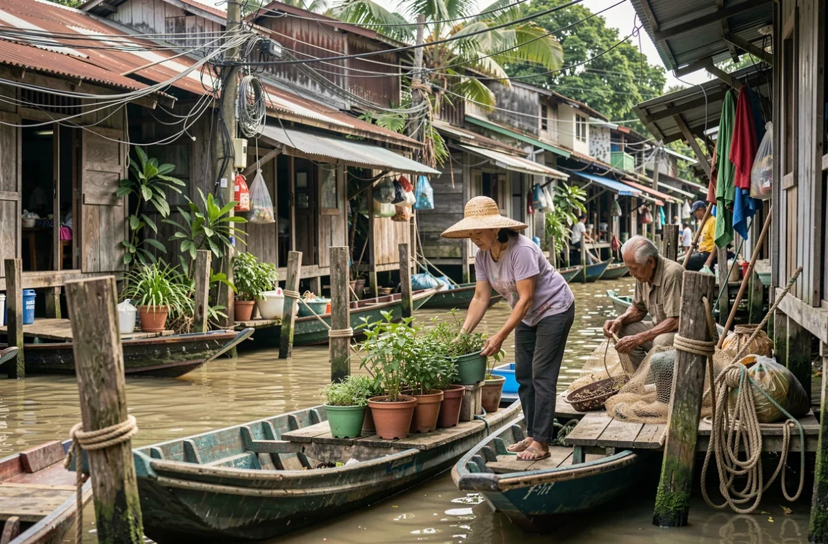 Communauté au bord d'un canal à Bangkok avec des maisons sur pilotis et des habitants locaux dans un quartier non touristique authentique