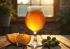 Verre de bière IPA dorée avec mousse sur table en bois