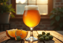 Verre de bière IPA dorée avec mousse sur table en bois