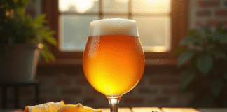 Verre de bière IPA dorée avec mousse sur table en bois