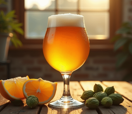 Apprécier une bière IPA avec tous ses arômes distinctifs Verre de bière IPA dorée avec mousse sur table en bois