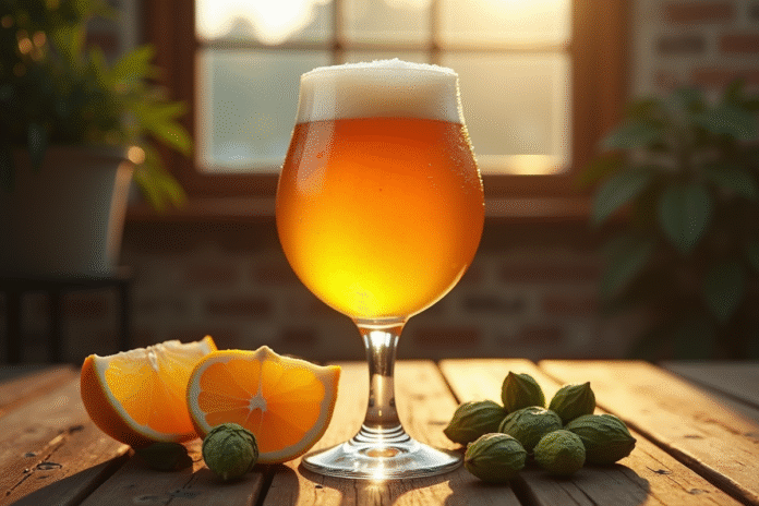 Verre de bière IPA dorée avec mousse sur table en bois