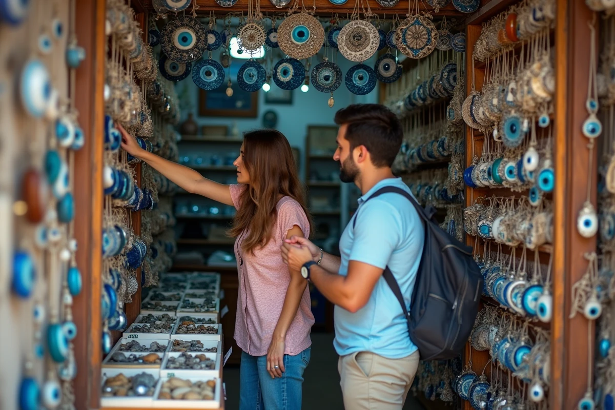 Touristes choisissant des amulettes œil grec authentiques dans une boutique de souvenirs à Monastiraki, Athènes
