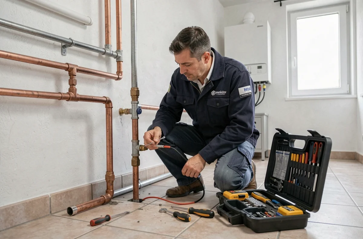 Technicien BS Pro Serrurerie et Plomberie soudant un raccord en cuivre dans le local technique d'un immeuble résidentiel