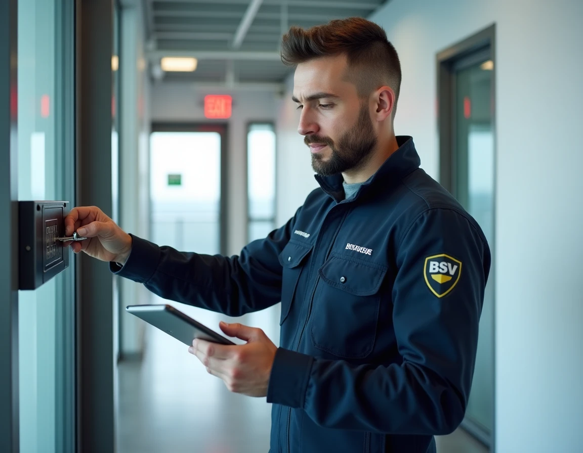 Technicien BSV Bourgogne installant un système de sécurité sur une porte renforcée en Côte-d'Or