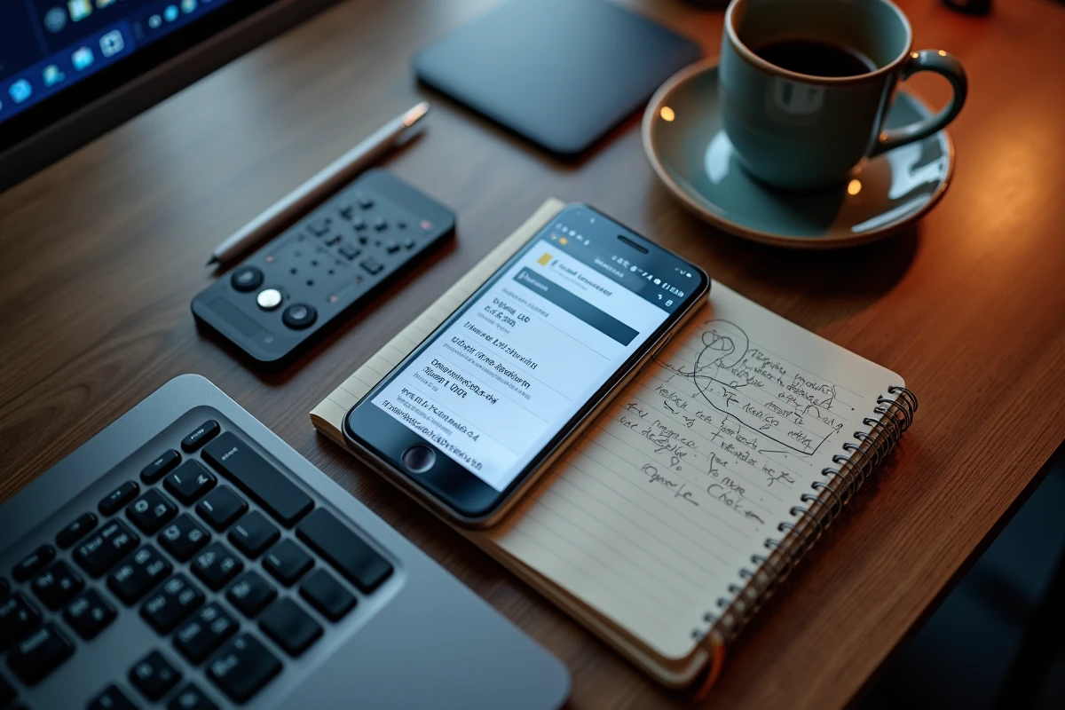 Vue de dessus d'un bureau avec smartphone affichant aipdb, carnet de notes et recherches sur les adresses IP