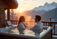 Terrasse de cabane romantique en montagne au lever du soleil