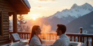 Terrasse de cabane romantique en montagne au lever du soleil