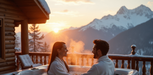 Les cinq meilleures destinations pour un week-end romantique à la montagne avec jacuzzi Terrasse de cabane romantique en montagne au lever du soleil
