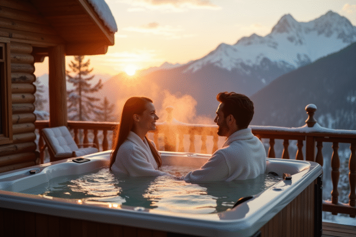 Terrasse de cabane romantique en montagne au lever du soleil