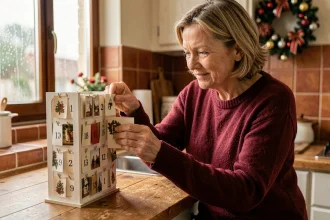 Femme ouvrant une case du calendrier de l'Avent Française des Jeux sur une table en bois dans une cuisine chaleureuse
