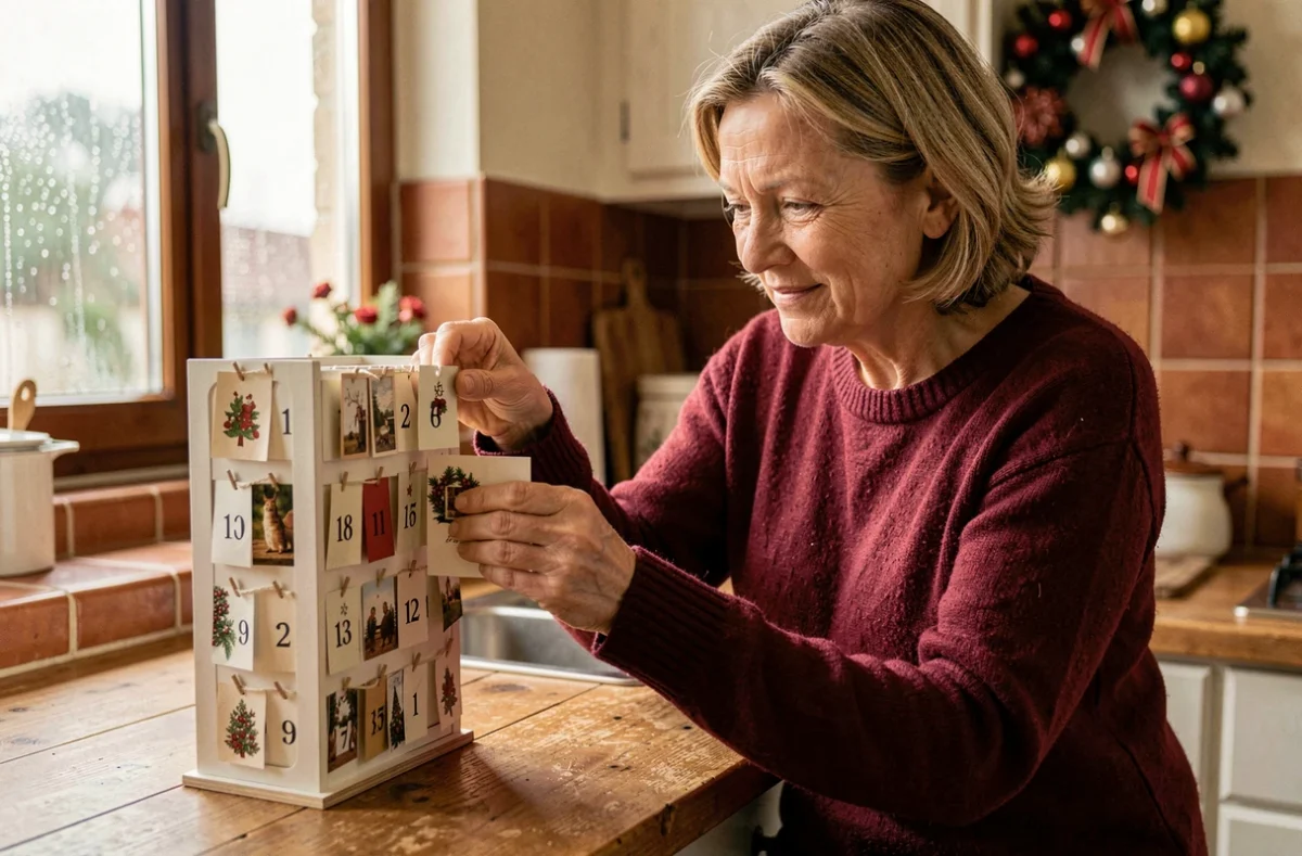 Femme ouvrant une case du calendrier de l'Avent Française des Jeux sur une table en bois dans une cuisine chaleureuse