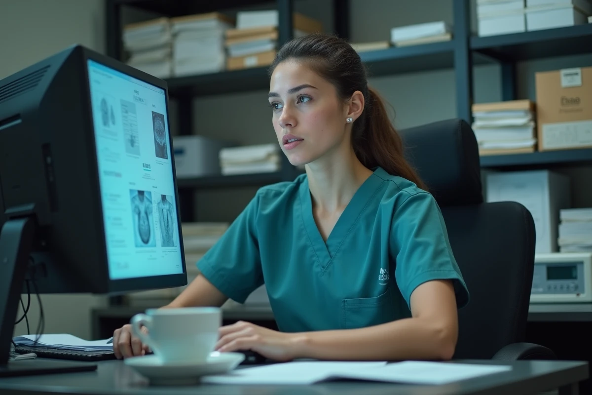 Médecin femme concentrée à son bureau dans une unité de médecine diagnostique, référence à l'univers de Dr House et au personnage de Cameron