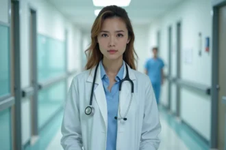 Femme médecin en blouse blanche dans un couloir d'hôpital, évoquant le personnage de Cameron dans la série Dr House